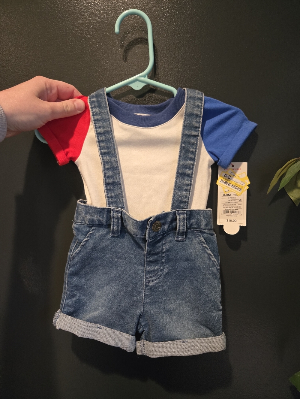 Red/white/Blue Onesie With Denim Suspender Shorts Baby 0-3 Months